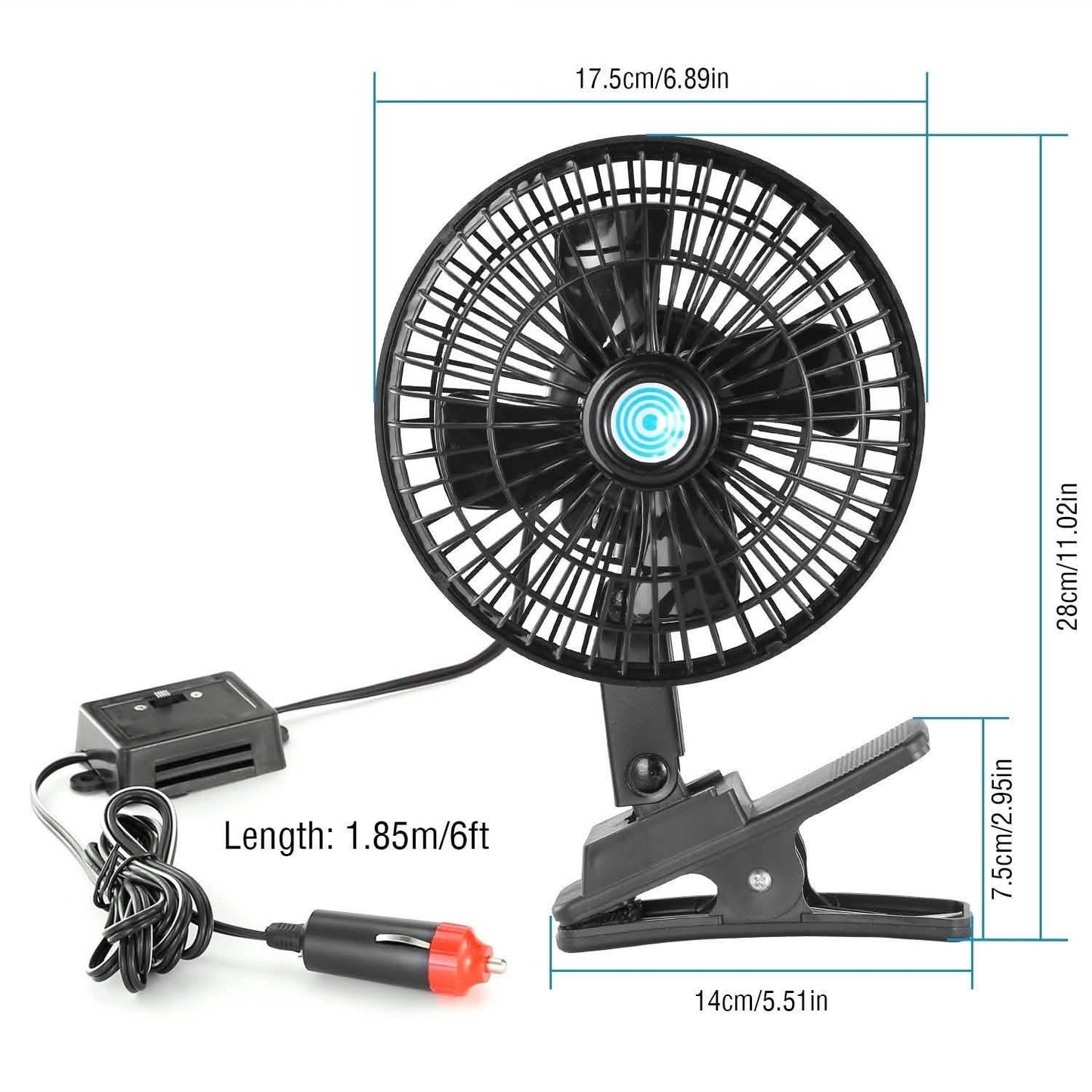 12V Car Fan Oscillating Clip on Cooling Fan with 2 Speeds 120° Rotation