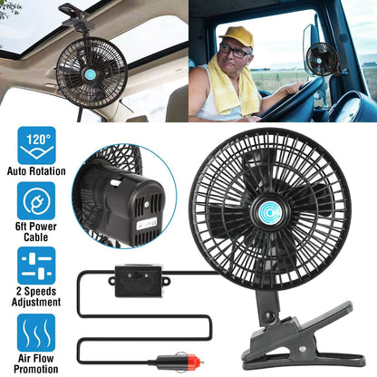 12V Car Fan Oscillating Clip on Cooling Fan with 2 Speeds 120° Rotation