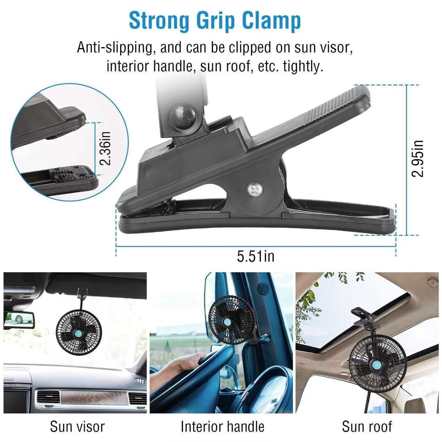 12V Car Fan Oscillating Clip on Cooling Fan with 2 Speeds 120° Rotation