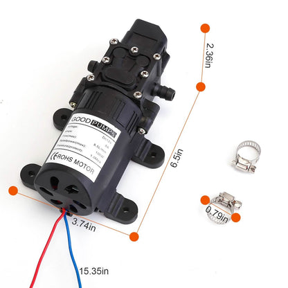 12V Water Pump with 2 Hose Clamps 123PSI Self Priming Sprayer Pump