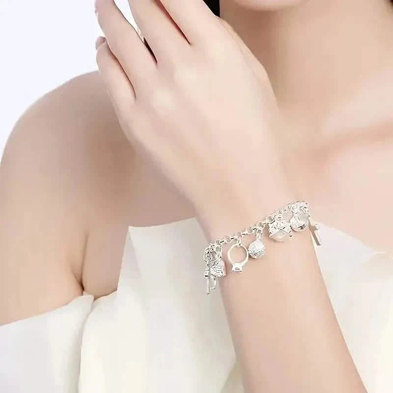 13 Pendant Charm Bracelet - Cubic Zirconia, No Plating, Fashion Jewelry Chain