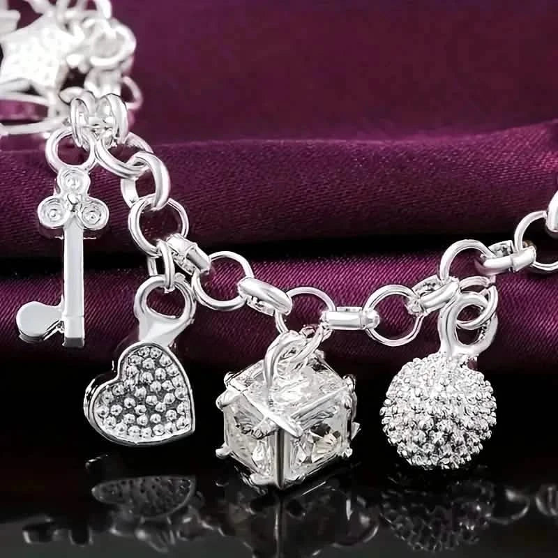 13 Pendant Charm Bracelet - Cubic Zirconia, No Plating, Fashion Jewelry Chain