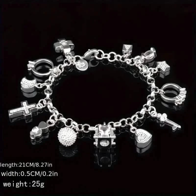 13 Pendant Charm Bracelet - Cubic Zirconia, No Plating, Fashion Jewelry Chain