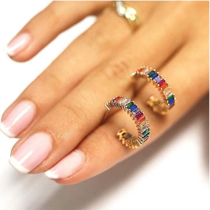 14K Gold Plated Cubic Zirconia Multicolor Rainbow Round Hoop Stud Earrings