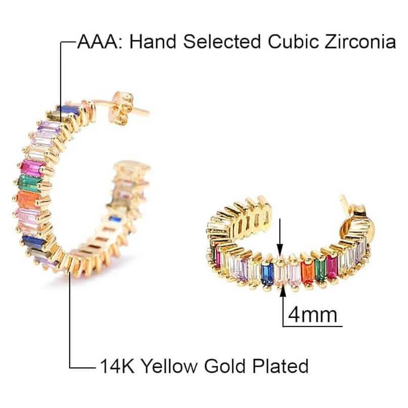 14K Gold Plated Cubic Zirconia Multicolor Rainbow Round Hoop Stud Earrings