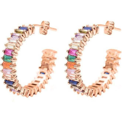 14K Gold Plated Cubic Zirconia Multicolor Rainbow Round Hoop Stud Earrings