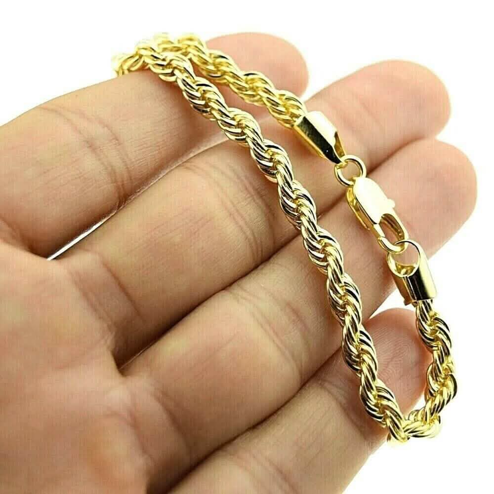 14K Solid Yellow Gold 4MM Rope Chain Thick Necklace Bracelet for Men and Women