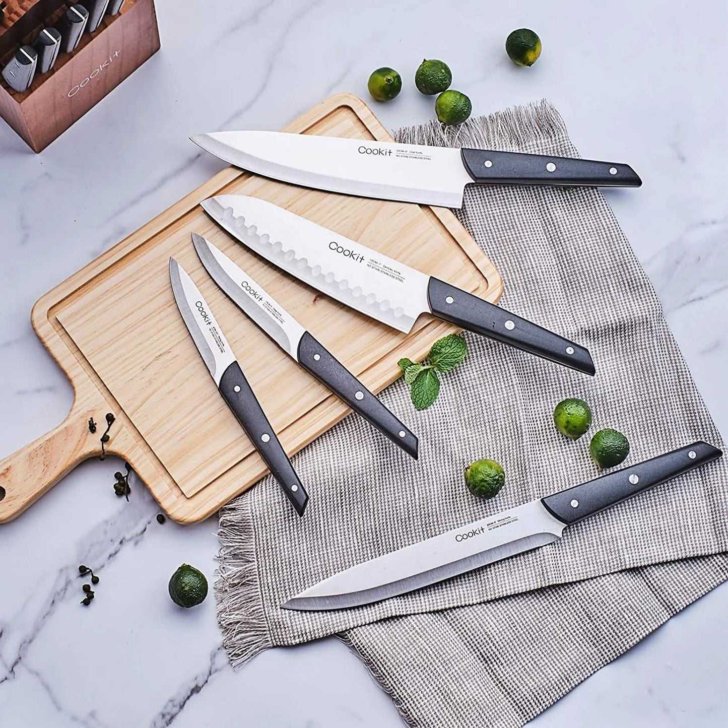 15-Pieces Set: Cookit Germany Stainless Steel Knife Block Set and Serrated Steak Knives