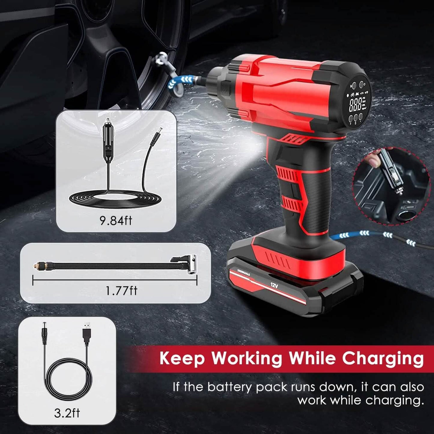 150 PSI 12V Portable Cordless Tire Pump 6000mAh Rechargeable with LED Light