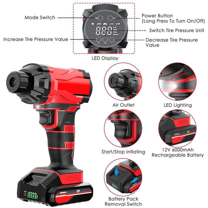 150 PSI 12V Portable Cordless Tire Pump 6000mAh Rechargeable with LED Light