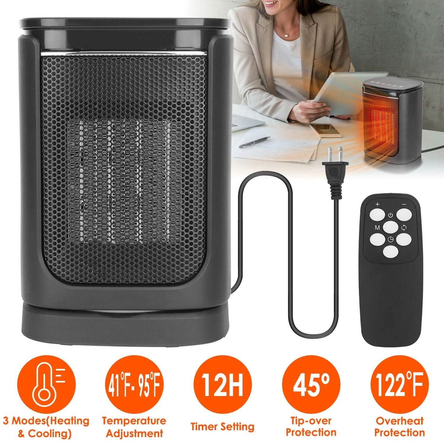 1500W Electric Space Heater Ceramic Heater Fan with 3 Modes Remote Control Digital Display