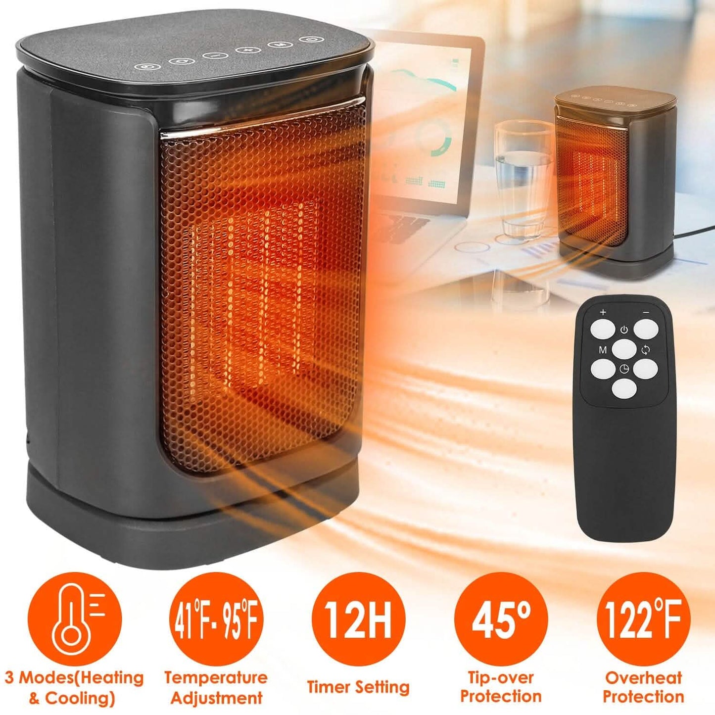 1500W Electric Space Heater Ceramic Heater Fan with 3 Modes Remote Control Digital Display
