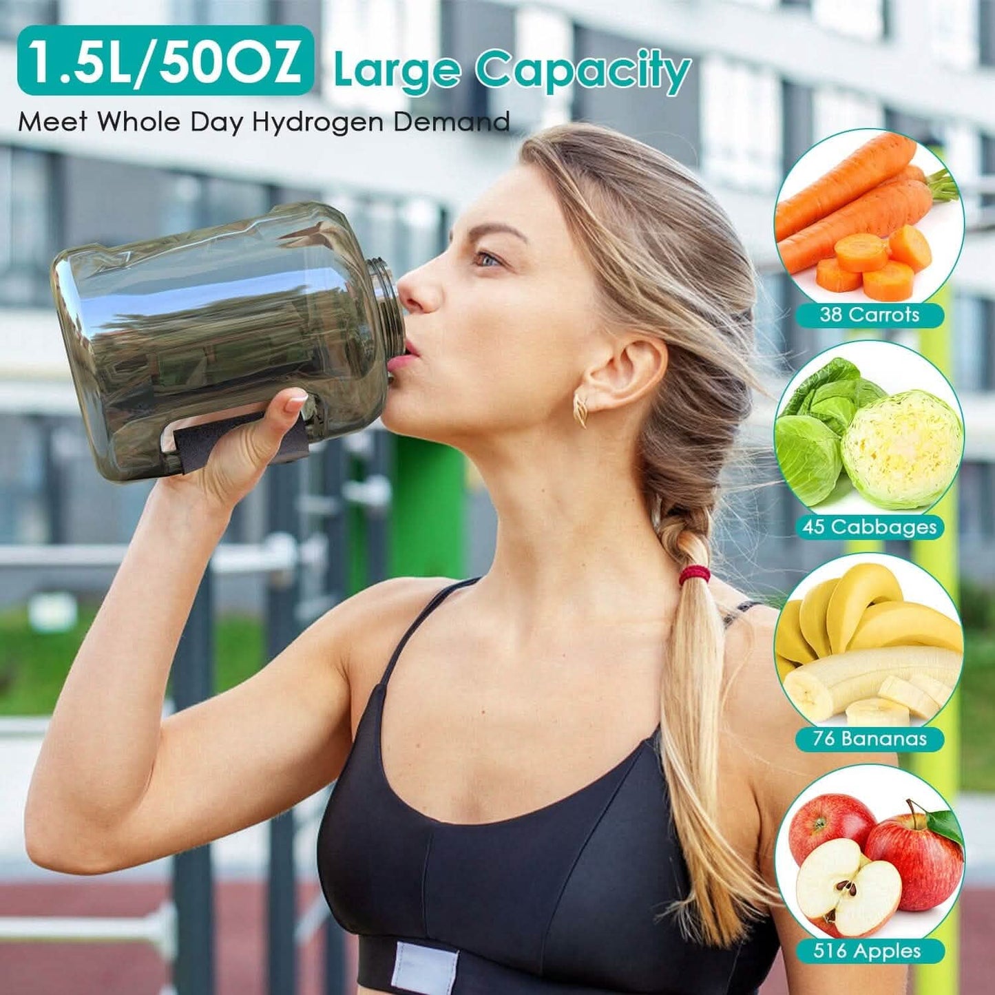 1.5L Large Capacity Portable Rechargeable Hydrogen Water Bottle 6 Min. Quick Electrolysis