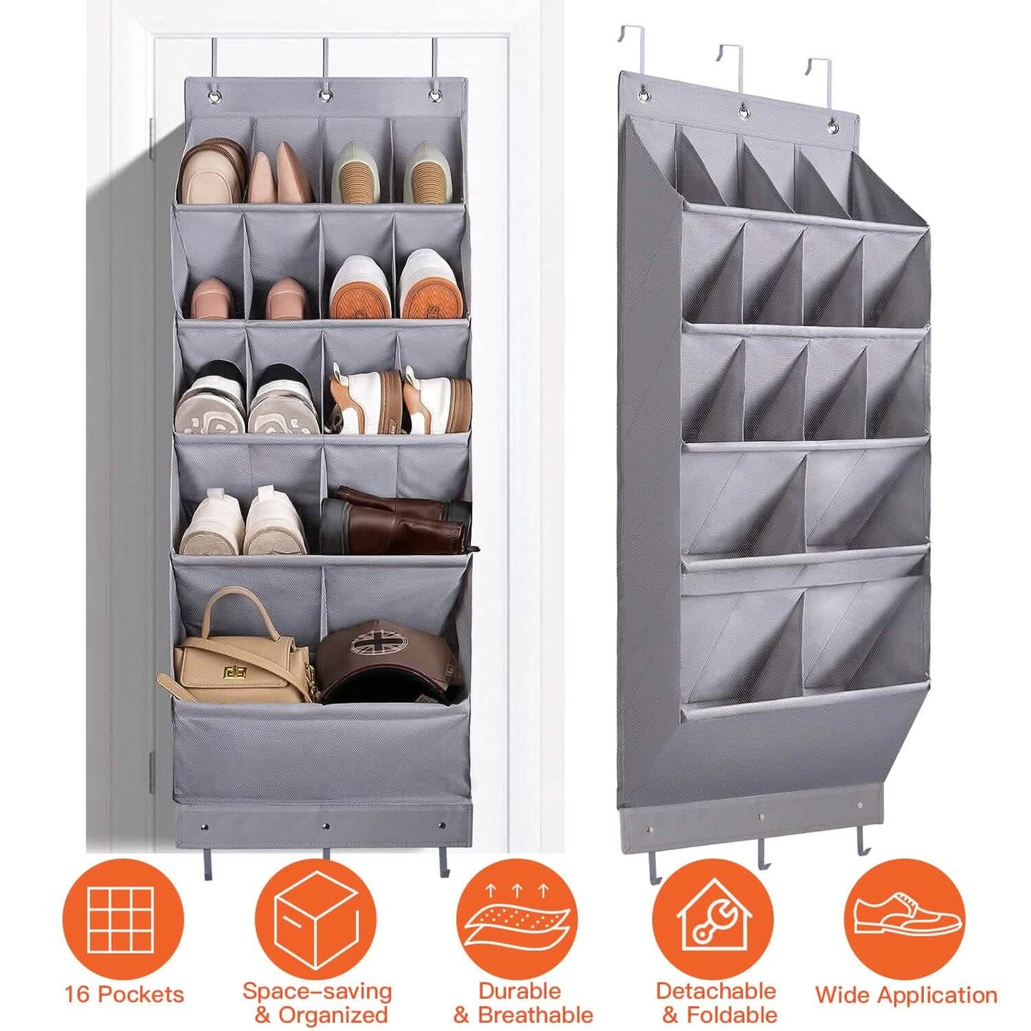 16 Pockets Over The Door Shoe Organizer 5 Tier with 6 Hooks