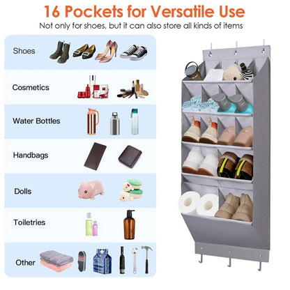 16 Pockets Over The Door Shoe Organizer 5 Tier with 6 Hooks