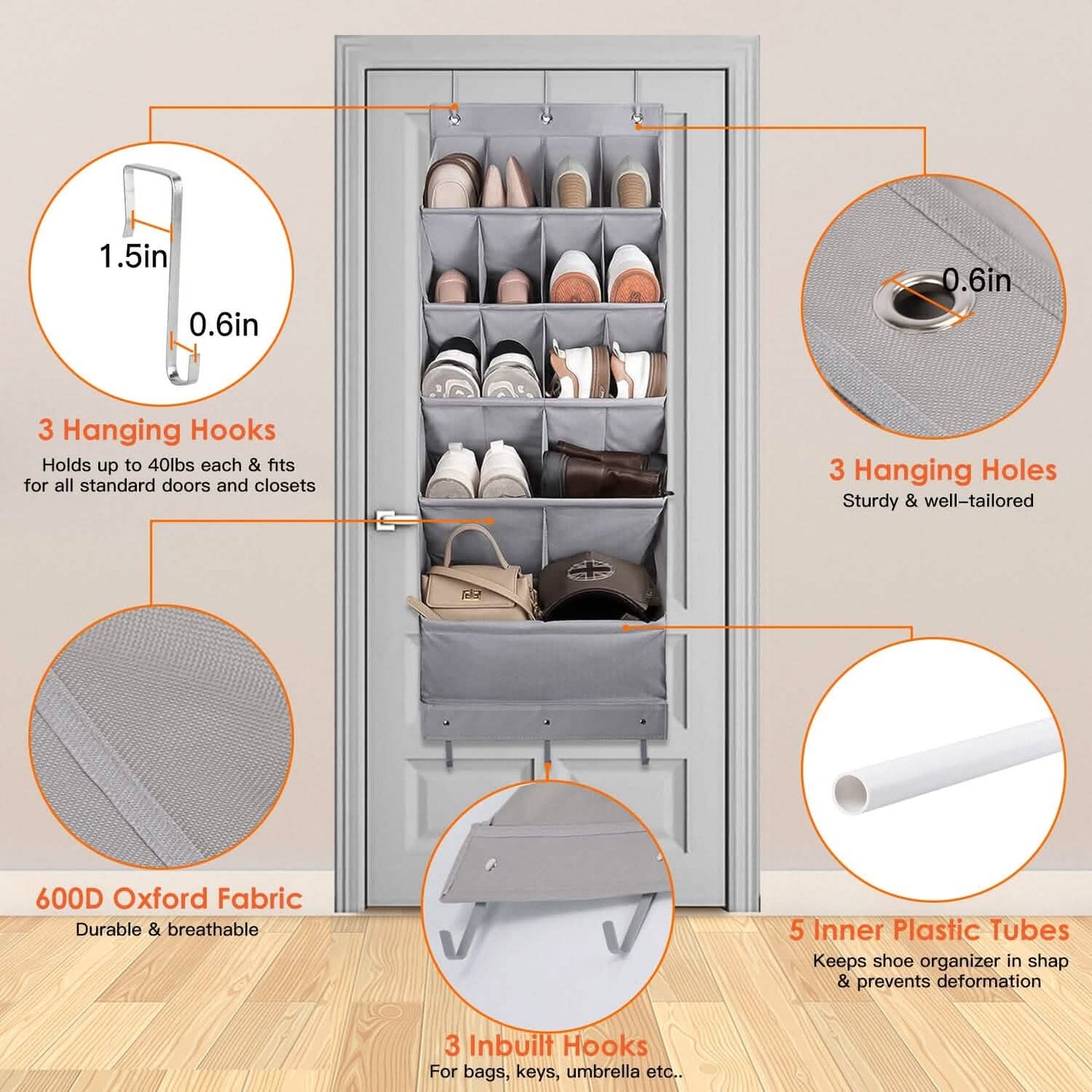16 Pockets Over The Door Shoe Organizer 5 Tier with 6 Hooks