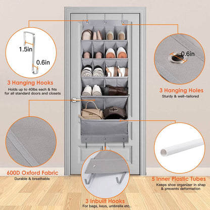 16 Pockets Over The Door Shoe Organizer 5 Tier with 6 Hooks
