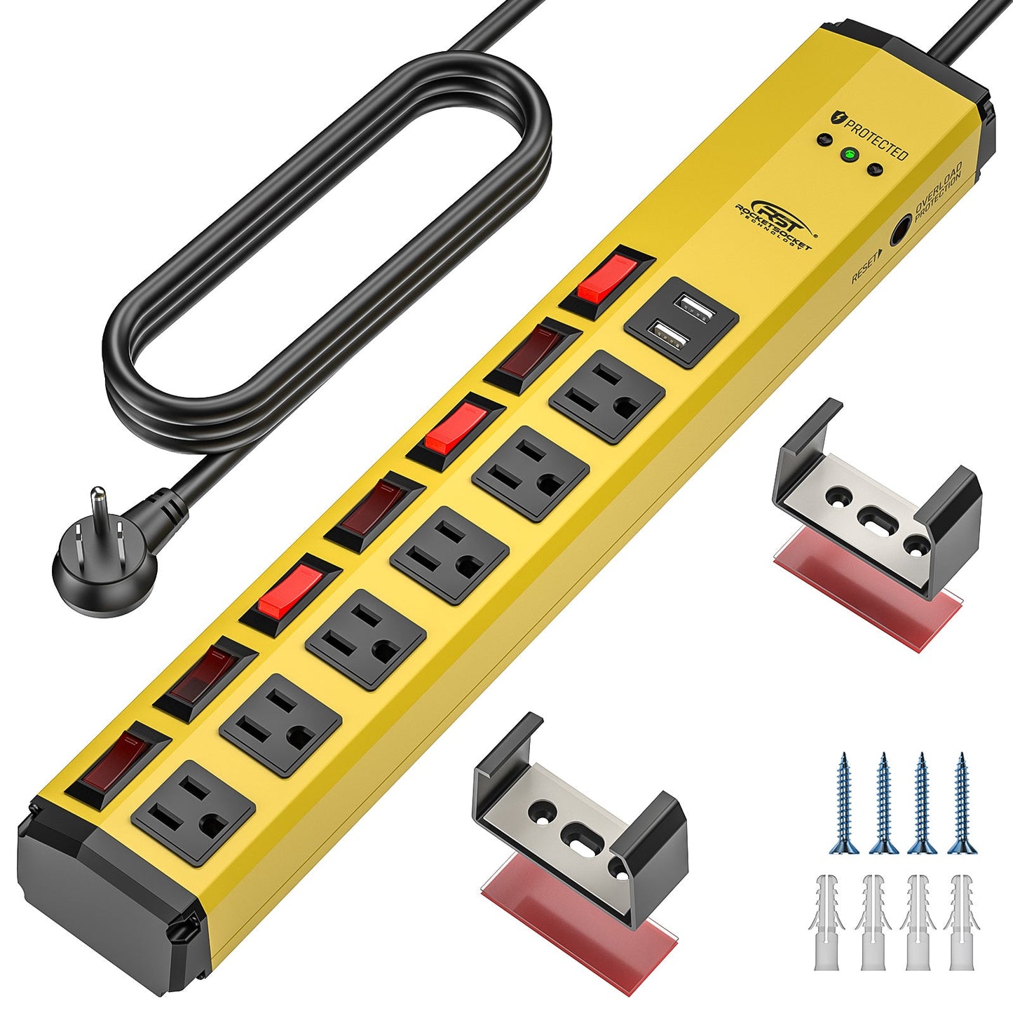 CRST 6-Outlet + 2 USB Metal Power Strip with Individual Switches, 1200J Surge Protector, Versatile Mounting