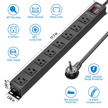 CRST 8 Outlets Mountable Metal Power Strip Surge Protector, 6FT Flat Plug, 2100 Joules, Wide Spaced