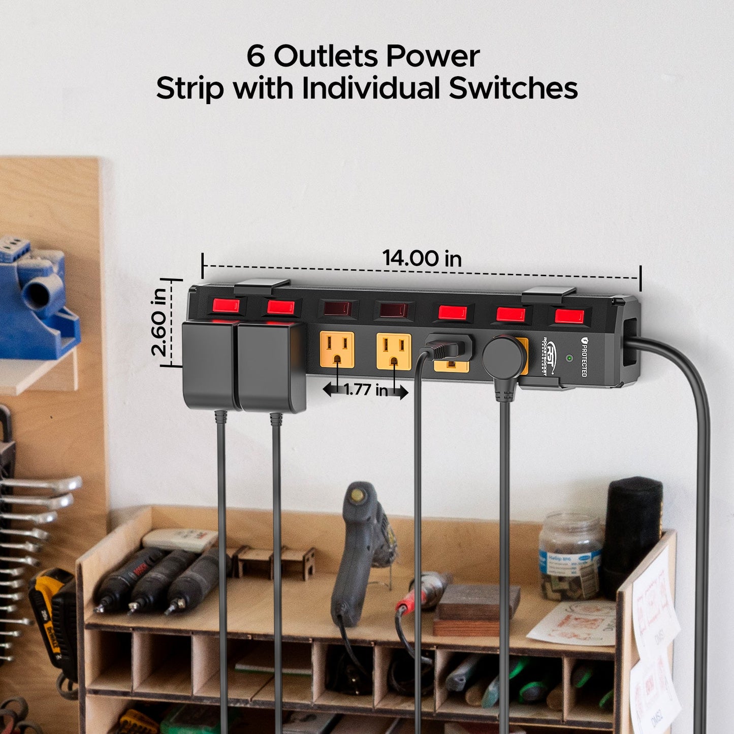 CRST 6-Outlet Metal Power Strip Surge Protector with Individual Switches, Versatile Mounting System
