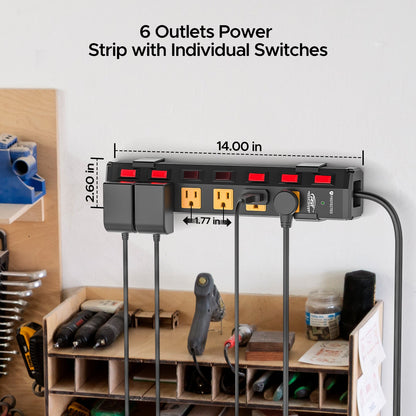 CRST 6-Outlet Metal Power Strip Surge Protector with Individual Switches, Versatile Mounting System