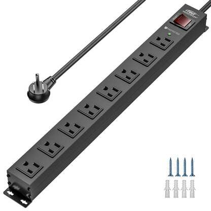 CRST 8 Outlets Mountable Metal Power Strip Surge Protector, 6FT Flat Plug, 2100 Joules, Wide Spaced