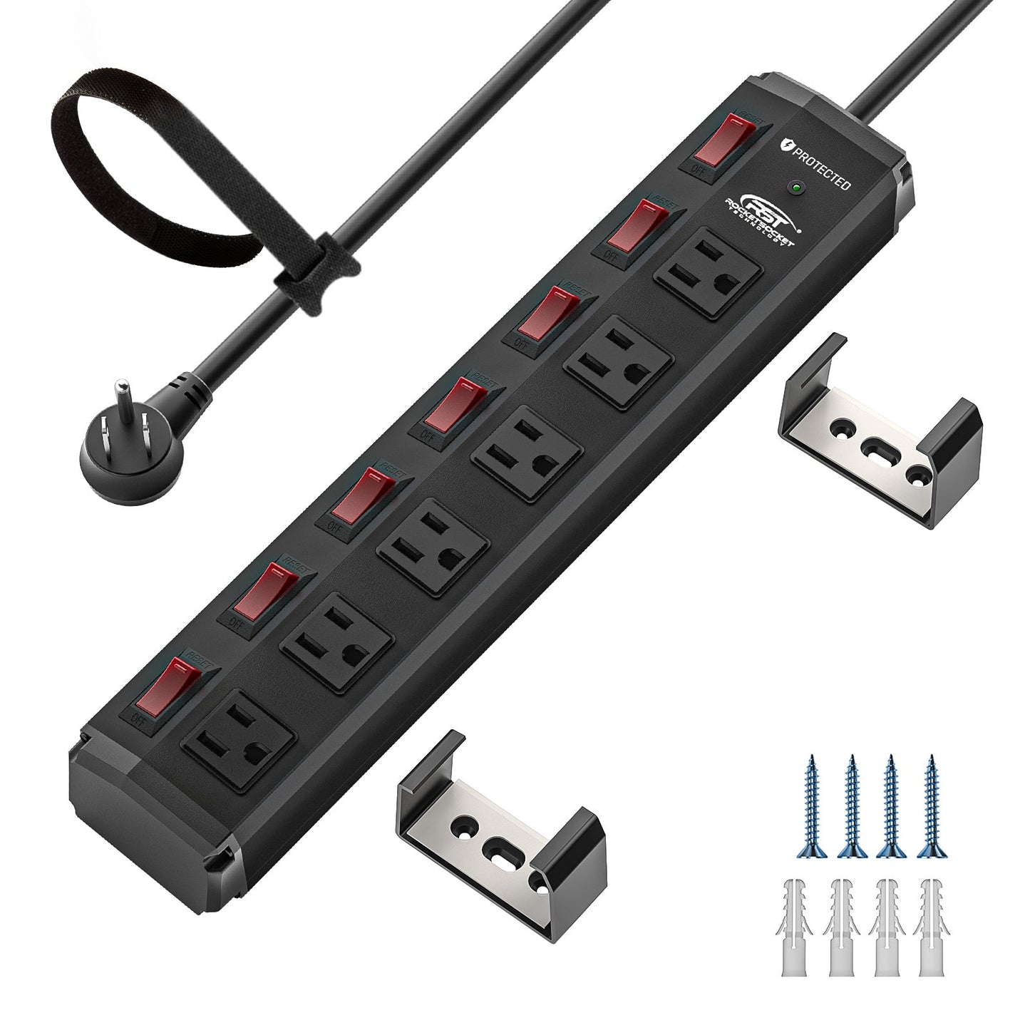 CRST 6-Outlet Metal Power Strip Surge Protector with Individual Switches, Versatile Mounting System