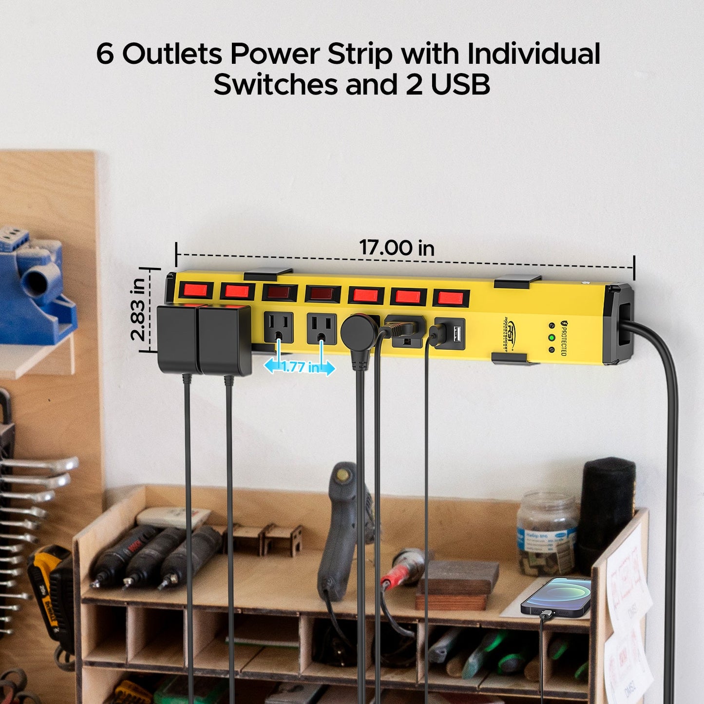CRST 6-Outlet + 2 USB Metal Power Strip with Individual Switches, 1200J Surge Protector, Versatile Mounting
