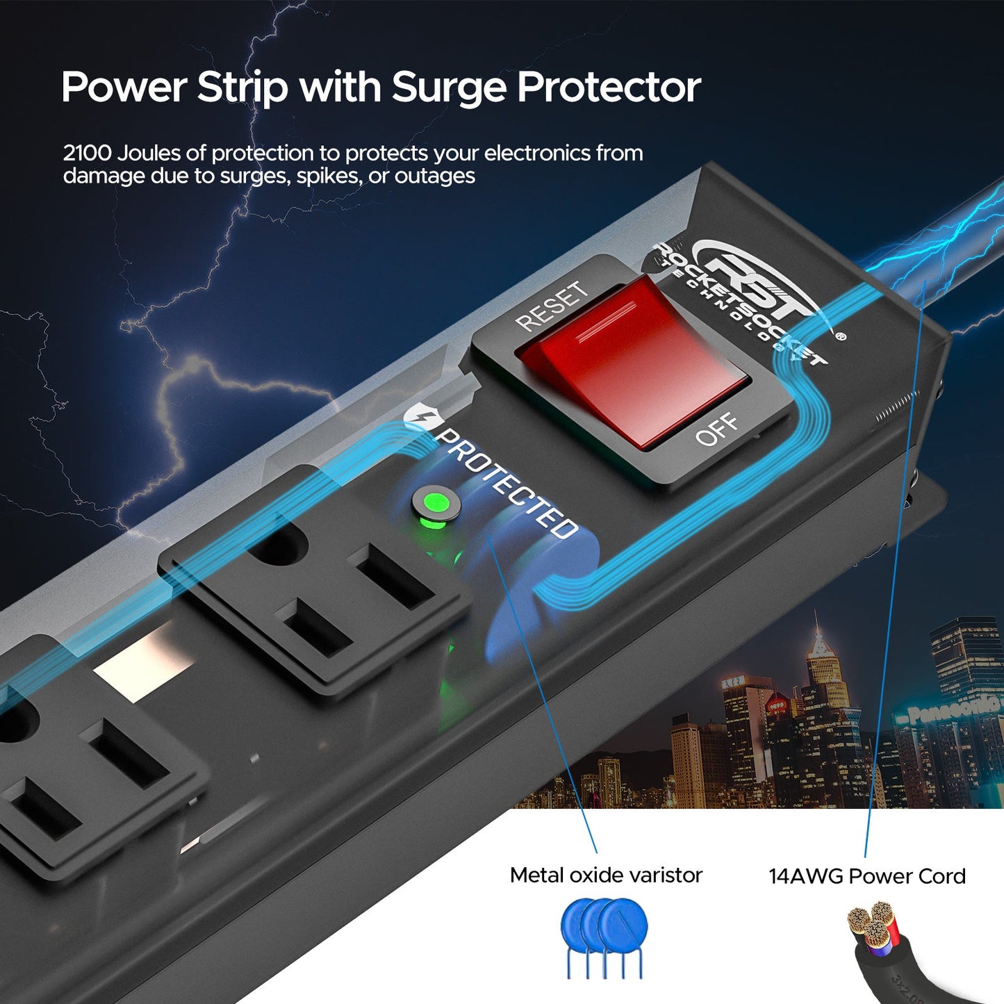 CRST 12-Outlet Metal Surge Protector Power Strip — Mountable, 2100J, 6FT/15FT Cord