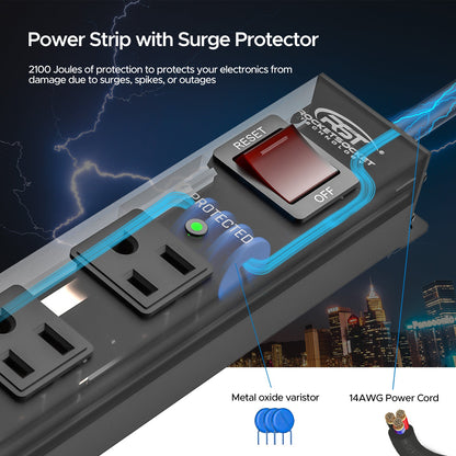 CRST 6 Outlets Wide Spaced Mountable Metal Power Strip Surge Protector, 2100 Joules Protection, Easy Mounting