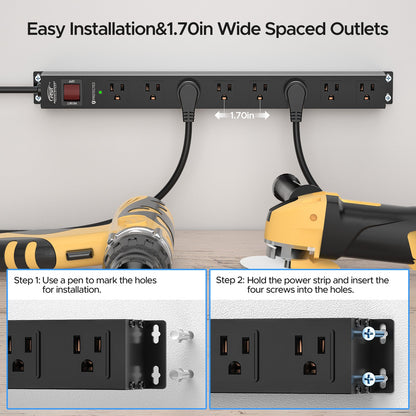 CRST 8 Outlets Mountable Metal Power Strip Surge Protector, 6FT Flat Plug, 2100 Joules, Wide Spaced