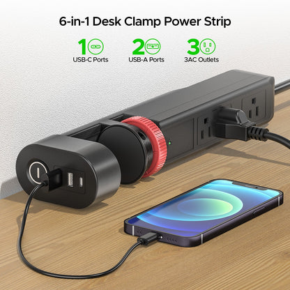 CRST Desk Clamp Power Strip | 3 Outlets + 3 USB (20W USB-C PD), 1020J Surge Protector