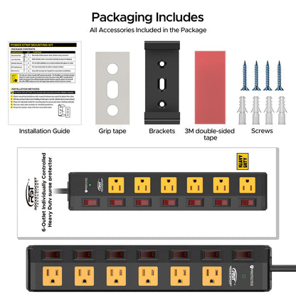 CRST 6-Outlet Metal Power Strip Surge Protector with Individual Switches, Versatile Mounting System