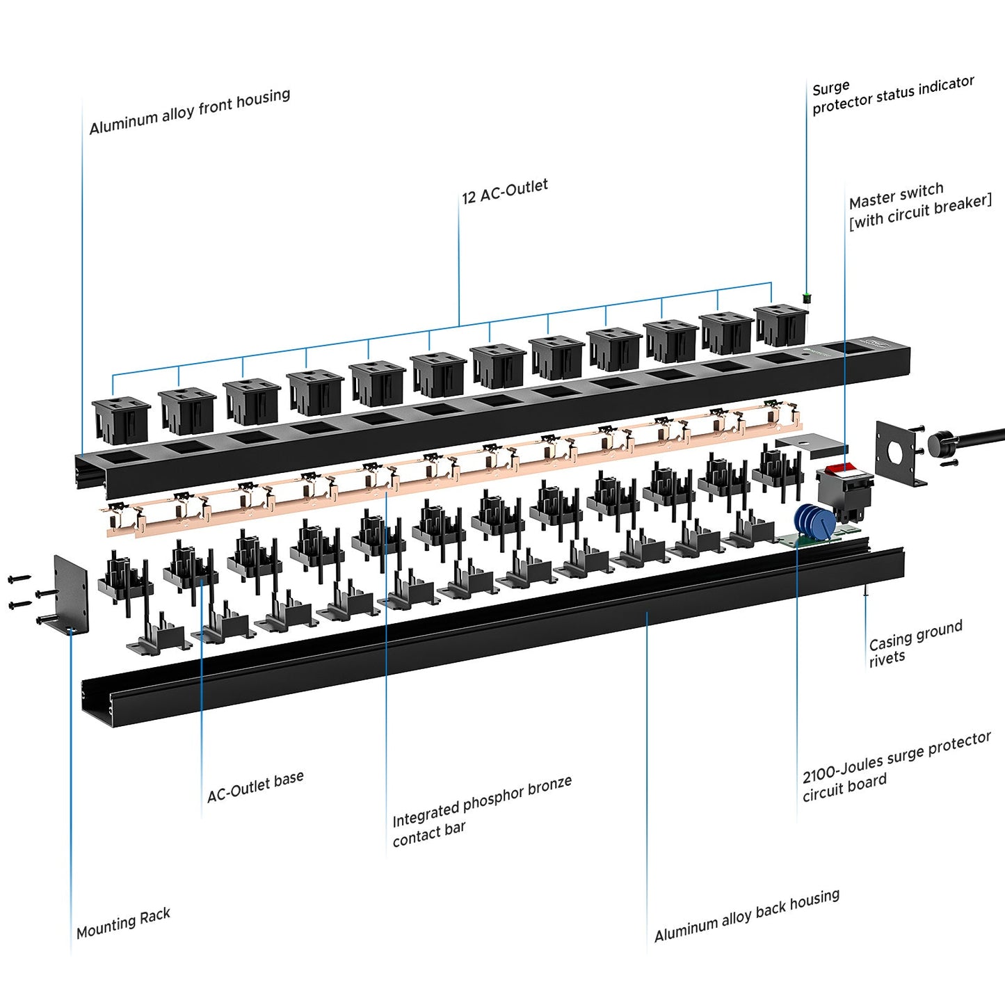 CRST 12-Outlet Metal Surge Protector Power Strip — Mountable, 2100J, 6FT/15FT Cord