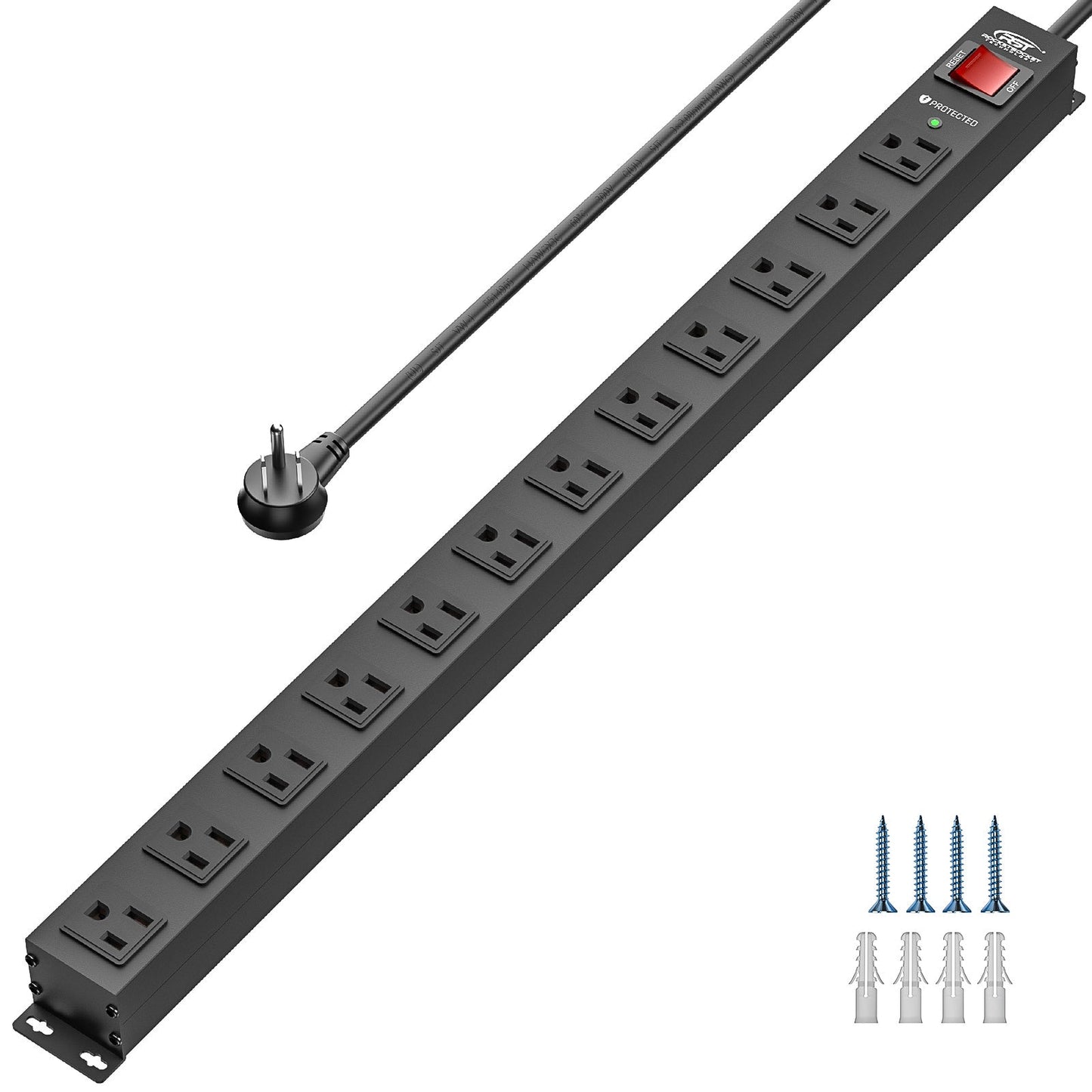 CRST 12-Outlet Metal Surge Protector Power Strip — Mountable, 2100J, 6FT/15FT Cord