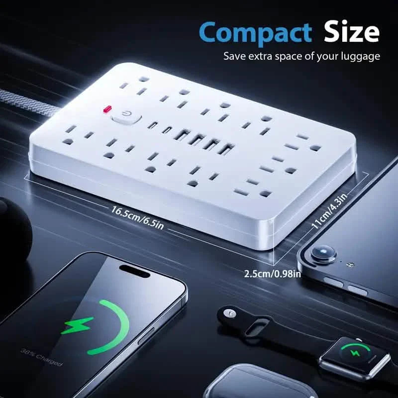 17-in-1 Surge Protector Power Cord 5Ft Braided Flat Extension Cable with 6 USB Chargers, 2 USB C, 11 AC Power Outlets