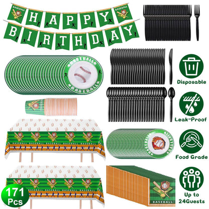171-Pieces: Baseball Birthday Party Disposable Dinnerware Set