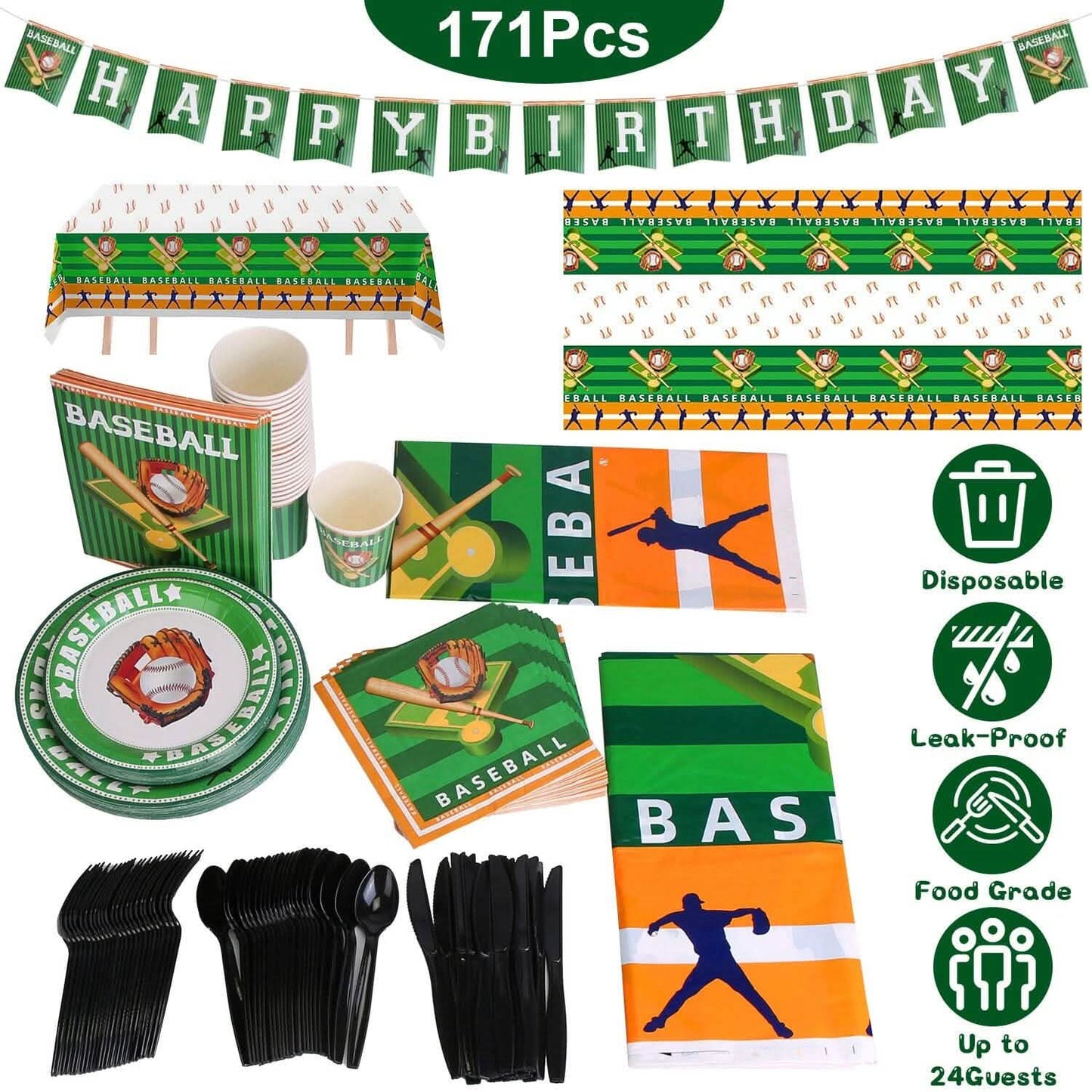 171-Pieces: Baseball Birthday Party Disposable Dinnerware Set