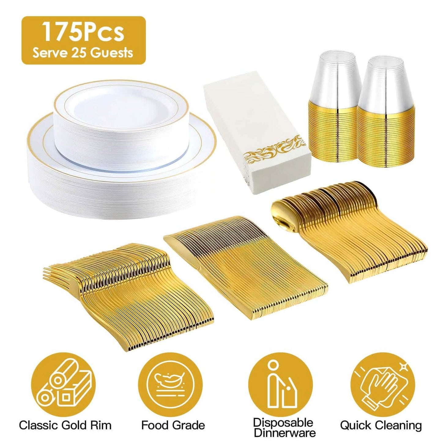 175-Pieces: Disposable Gold Dinnerware Set