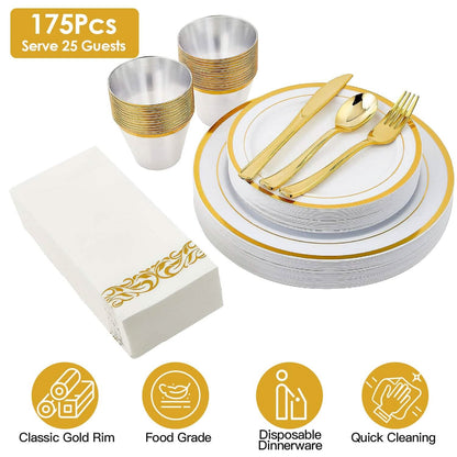 175-Pieces: Disposable Gold Dinnerware Set