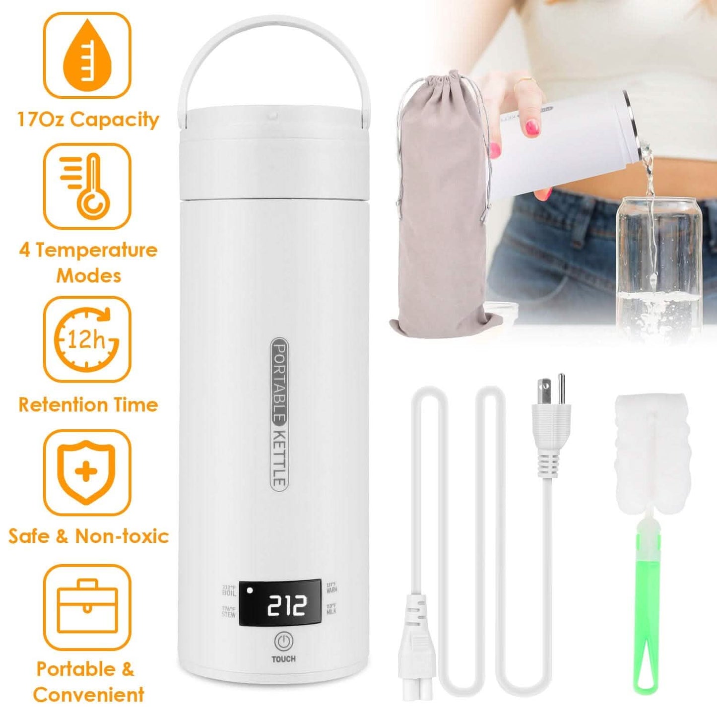 17Oz Stainless Steel Travel Electric Kettle with 4 Temperature Preset Modes