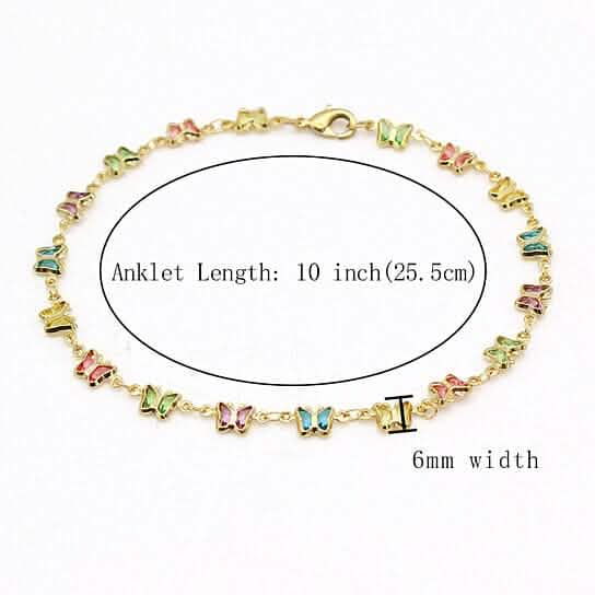 18k Gold Filled High Polish Finish Multi Color Crystal Butterfly Ankle Bracelet