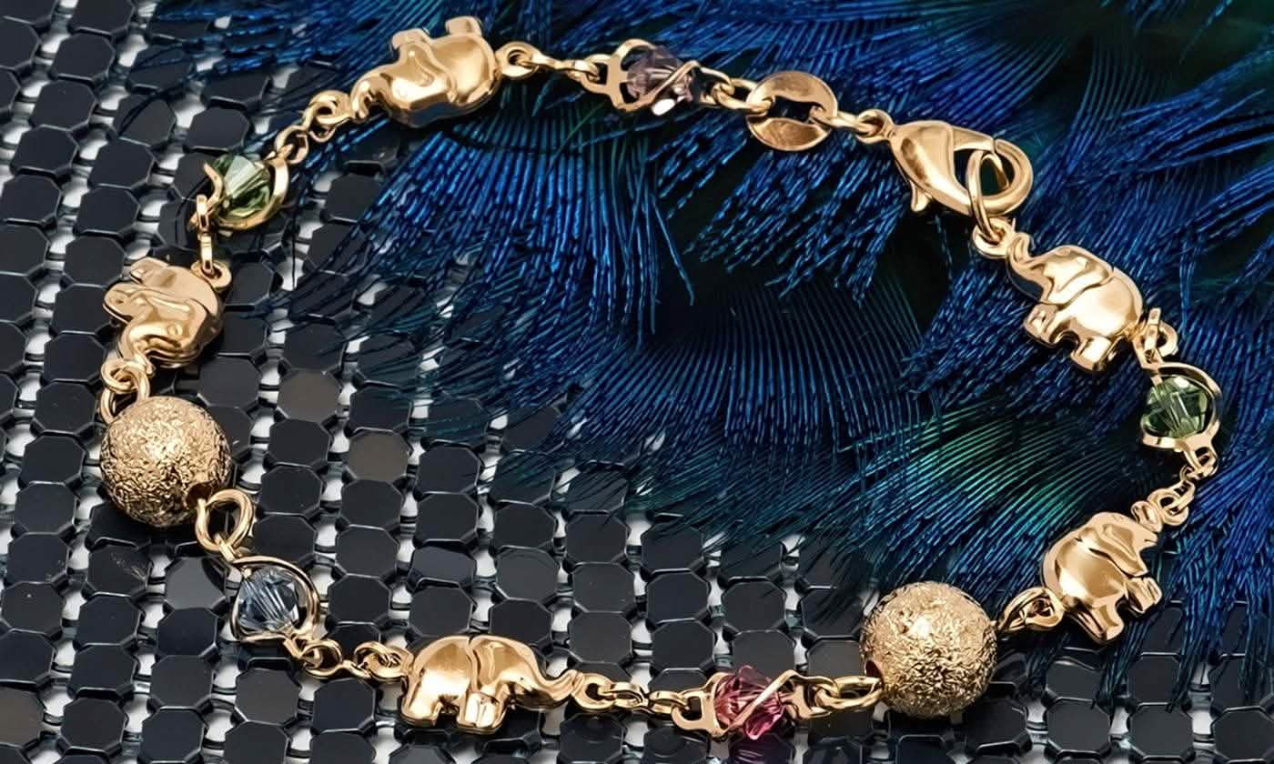 18K Gold Plated Ball and Rainbow Crystal Elephant Anklet