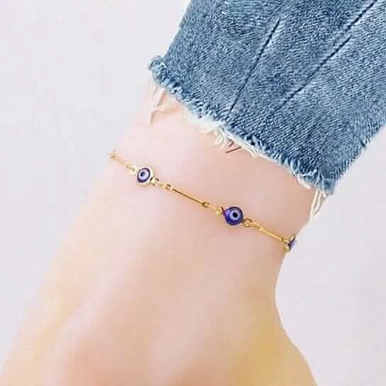 18k Gold Plated Bar Style Blue Evil Eye Crystal Anklet