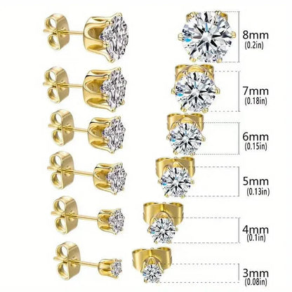 18K Gold Ear Bone Buckle Stainless Steel 6-Prong Zirconia Stud Earrings