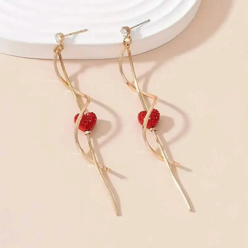 18K Gold Spiral Lines Heart Design Dangle Earrings
