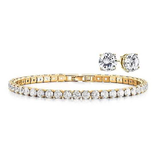 18K Gold Round Cut Tennis Bracelet and Studs Set