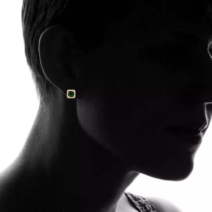 18K Rose Gold Over Sterling Silver Created Green Emerald Halo Studs by MUIBLU Gems