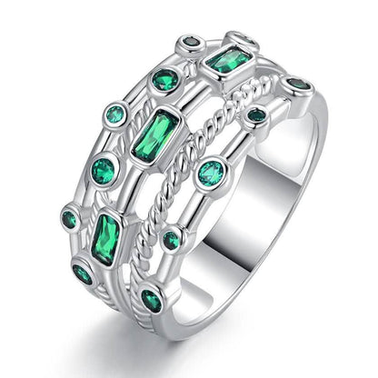 18K White Gold Plated 5 Layer Green Emerald Ring