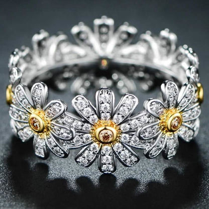 18K White Gold Plated Floral Sunflower Ring Made with Swarovski Crystals